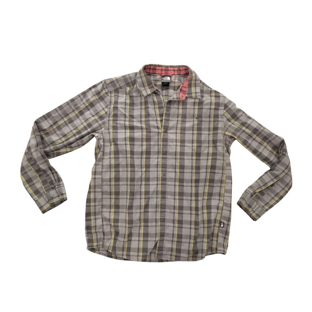 The North Face Mens Grey Yellow Plaid Snap Button Long Sleeve Shirt Medium